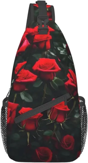 Many Red Rose Print Unisex Casual Diagonal Chest Bag,Multipurpose Crossbody Shoulder Bag Travel Hiking Daypack