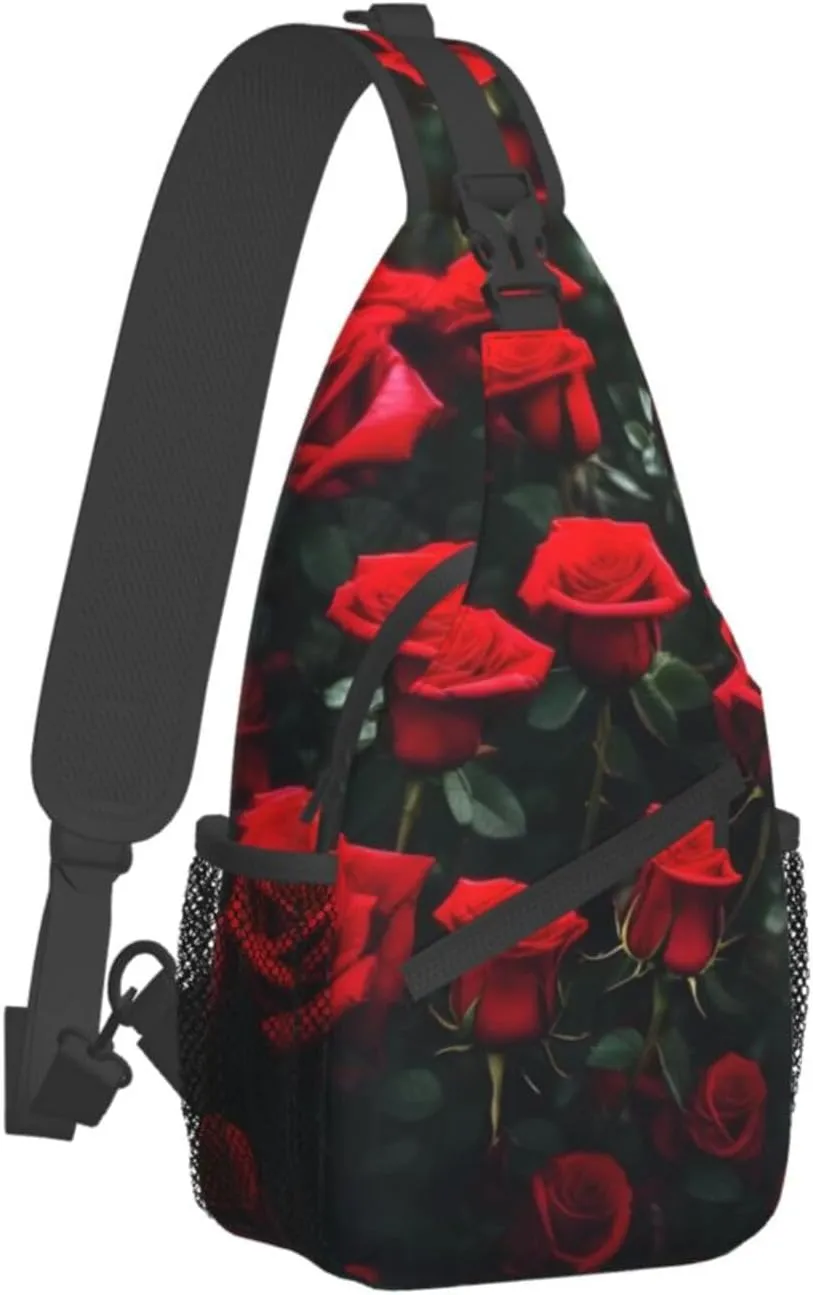 Many Red Rose Print Unisex Casual Diagonal Chest Bag,Multipurpose Crossbody Shoulder Bag Travel Hiking Daypack