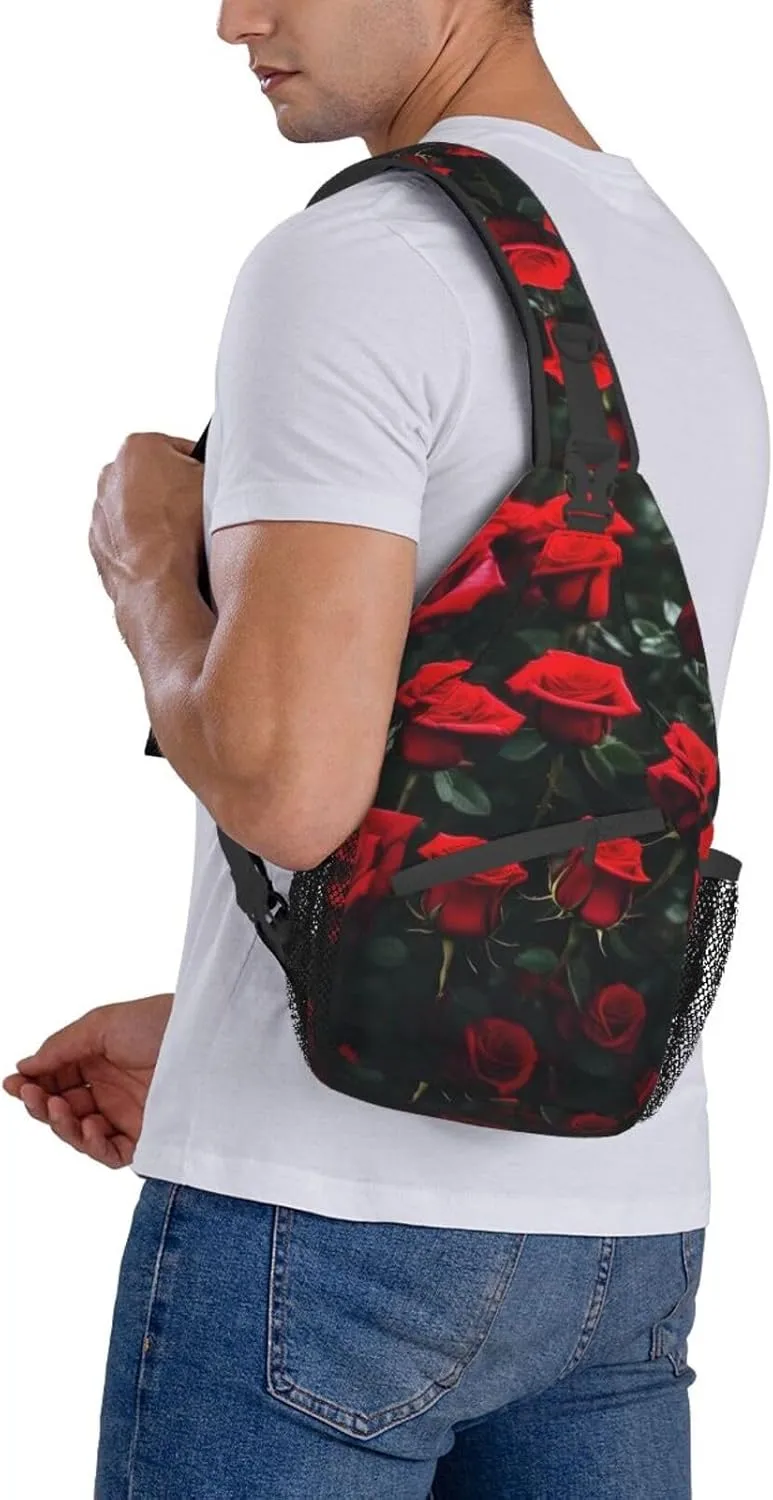 Many Red Rose Print Unisex Casual Diagonal Chest Bag,Multipurpose Crossbody Shoulder Bag Travel Hiking Daypack