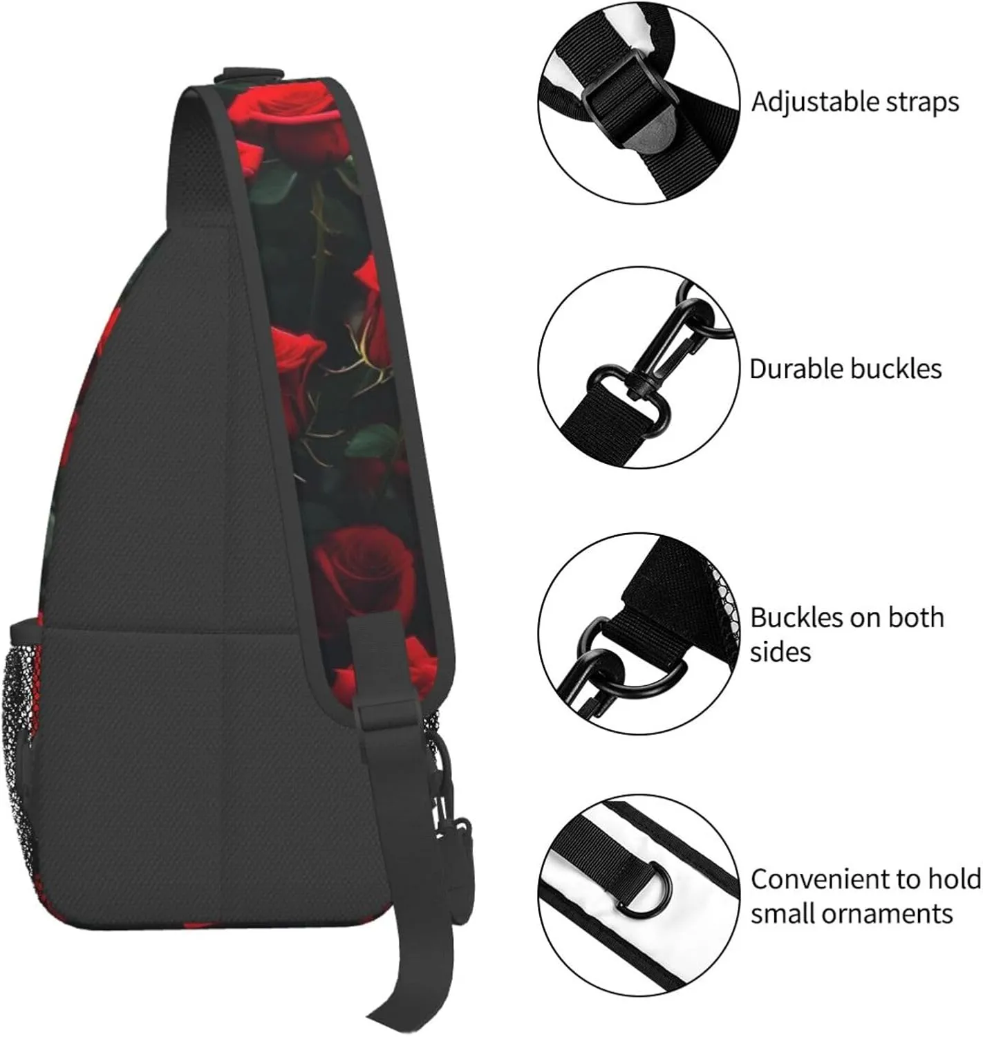 Many Red Rose Print Unisex Casual Diagonal Chest Bag,Multipurpose Crossbody Shoulder Bag Travel Hiking Daypack