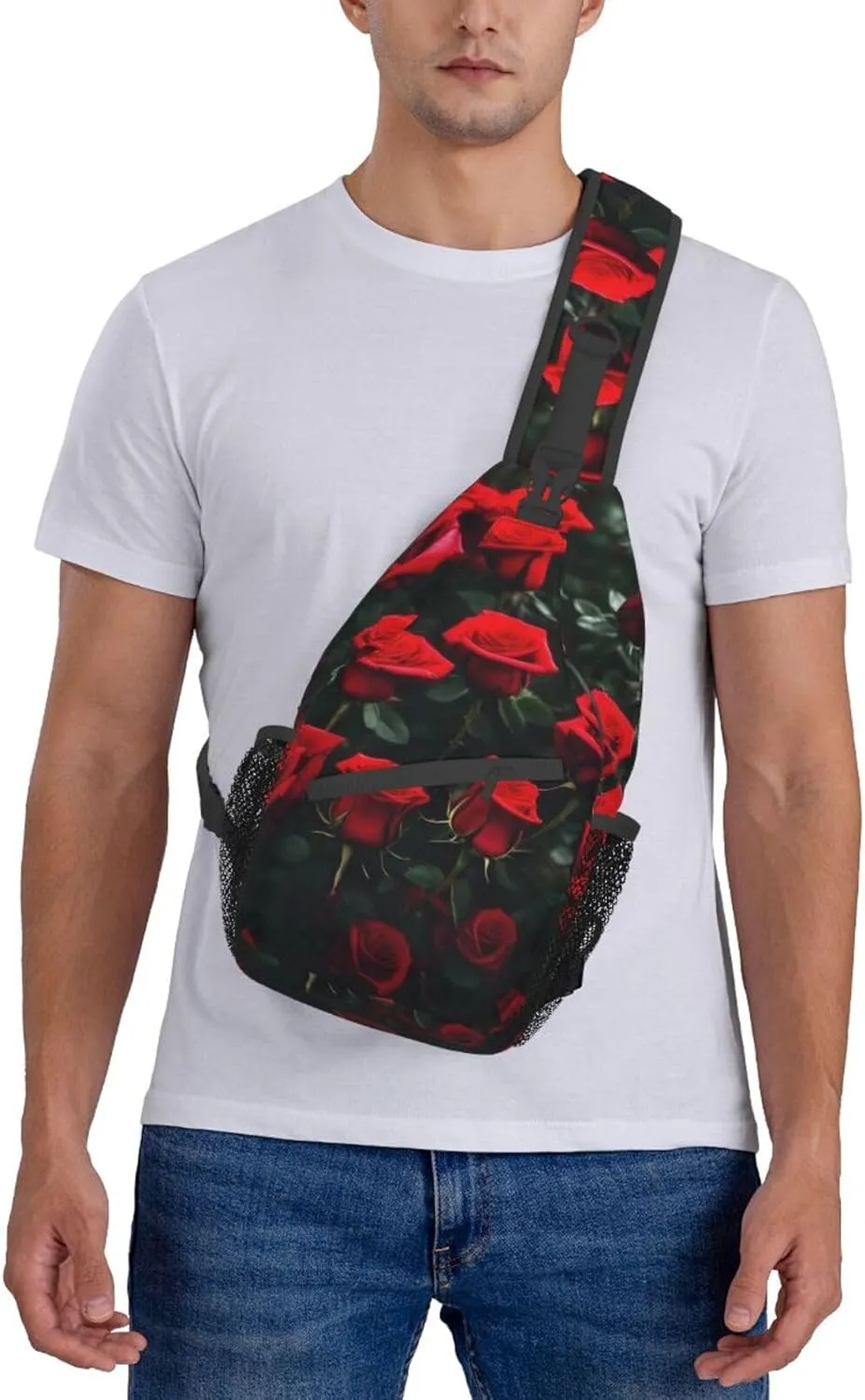Many Red Rose Print Unisex Casual Diagonal Chest Bag,Multipurpose Crossbody Shoulder Bag Travel Hiking Daypack