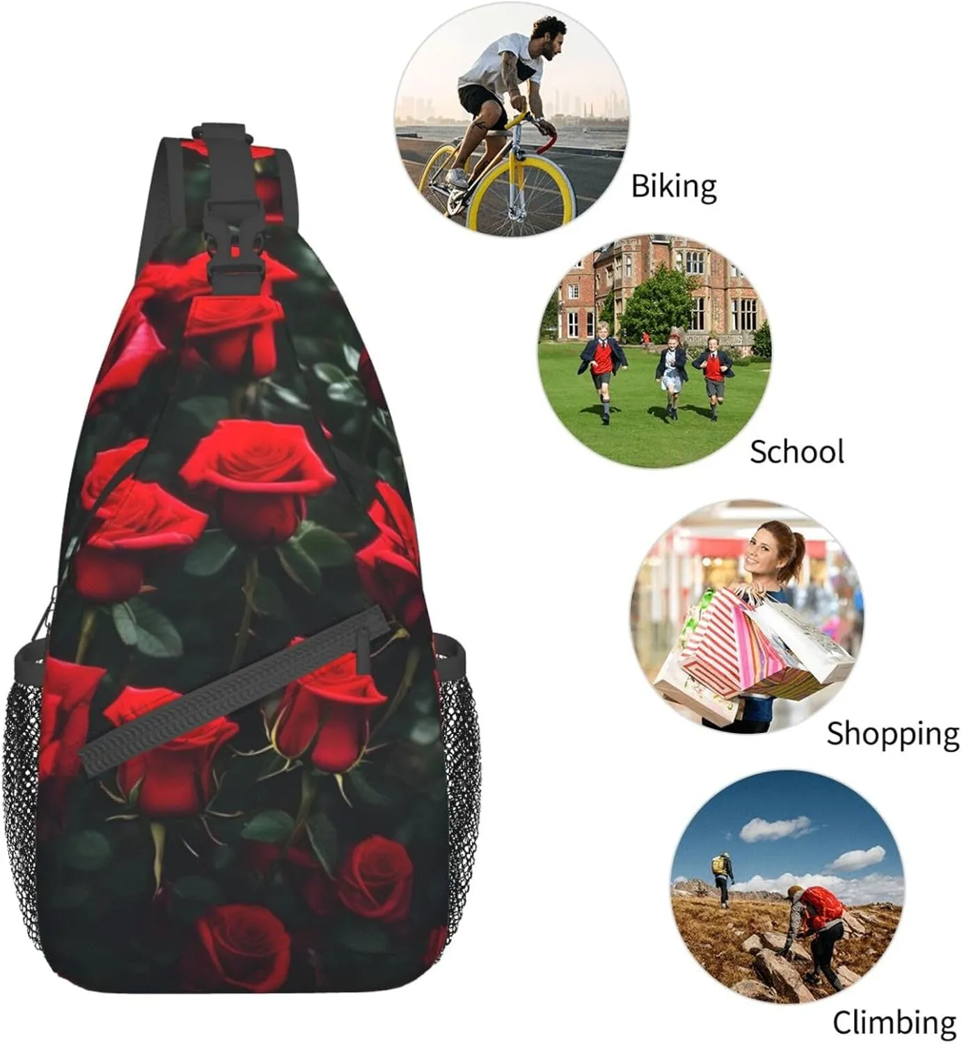 Many Red Rose Print Unisex Casual Diagonal Chest Bag,Multipurpose Crossbody Shoulder Bag Travel Hiking Daypack