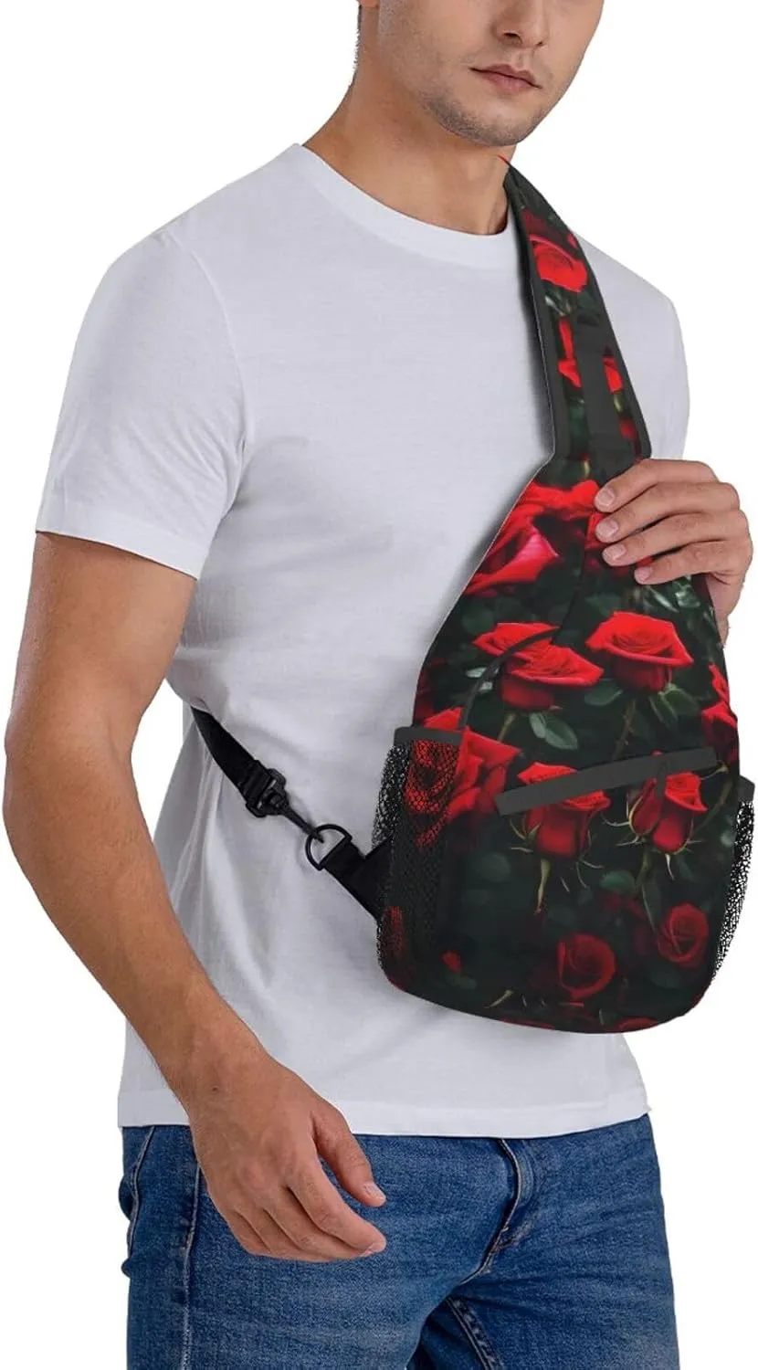 Many Red Rose Print Unisex Casual Diagonal Chest Bag,Multipurpose Crossbody Shoulder Bag Travel Hiking Daypack