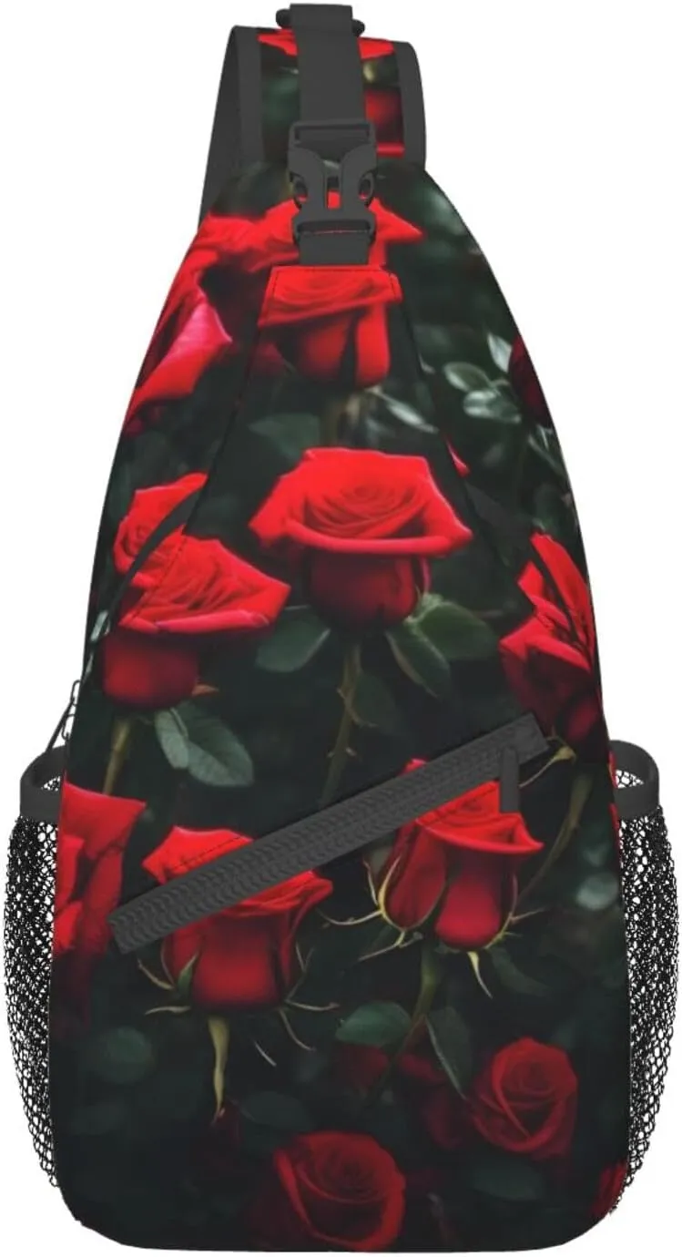 Many Red Rose Print Unisex Casual Diagonal Chest Bag,Multipurpose Crossbody Shoulder Bag Travel Hiking Daypack