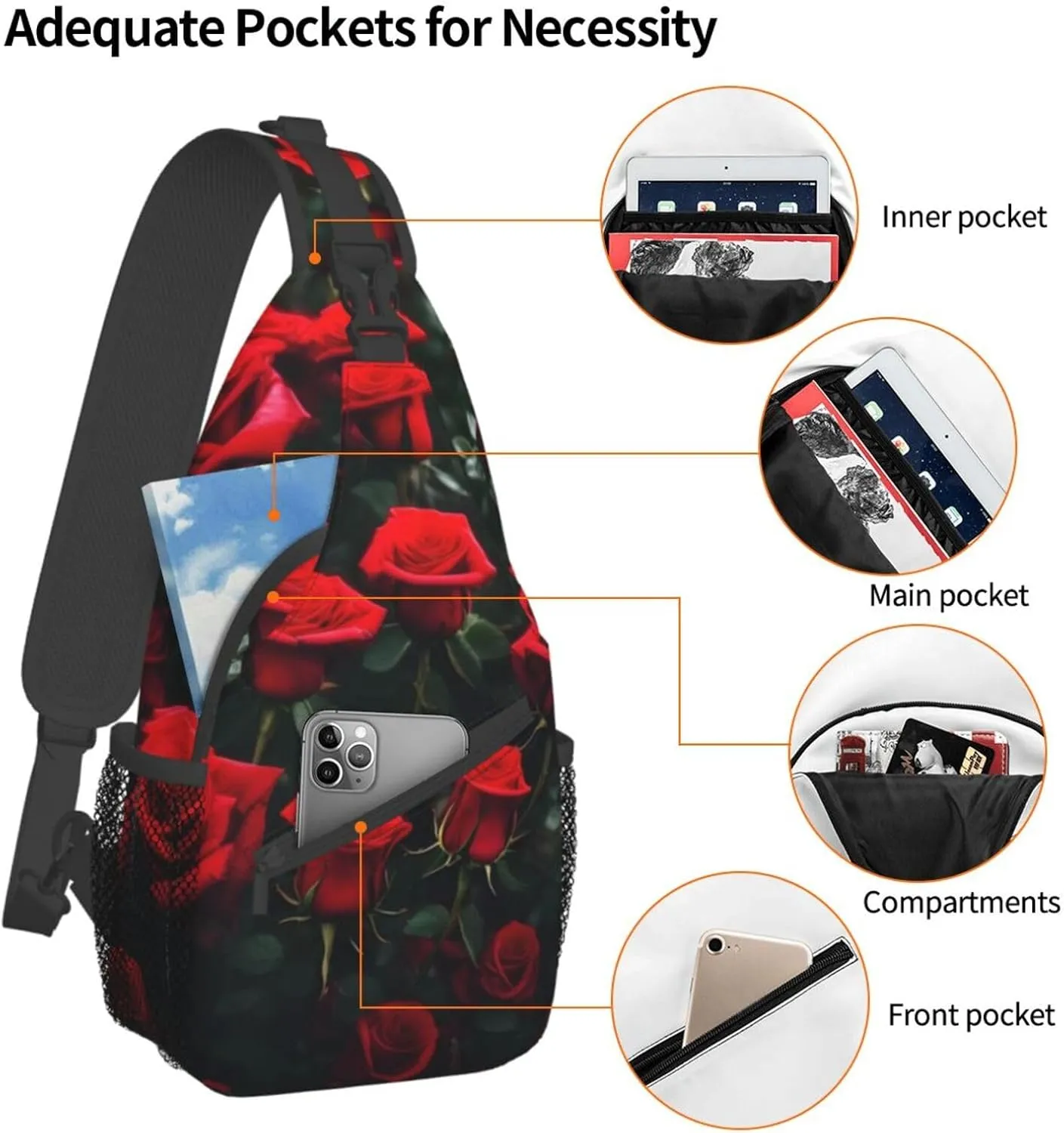 Many Red Rose Print Unisex Casual Diagonal Chest Bag,Multipurpose Crossbody Shoulder Bag Travel Hiking Daypack