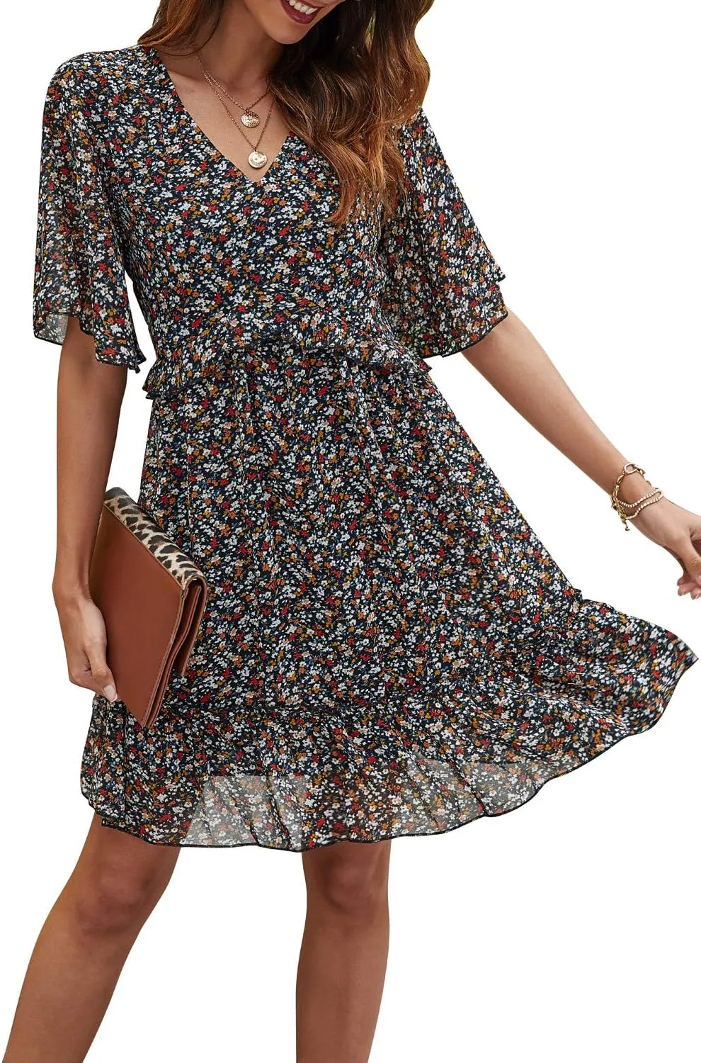 Manydress Women's Chiffon Floral Print V Neck Casual Mini Boho Ruffle Swing Dress MY068
