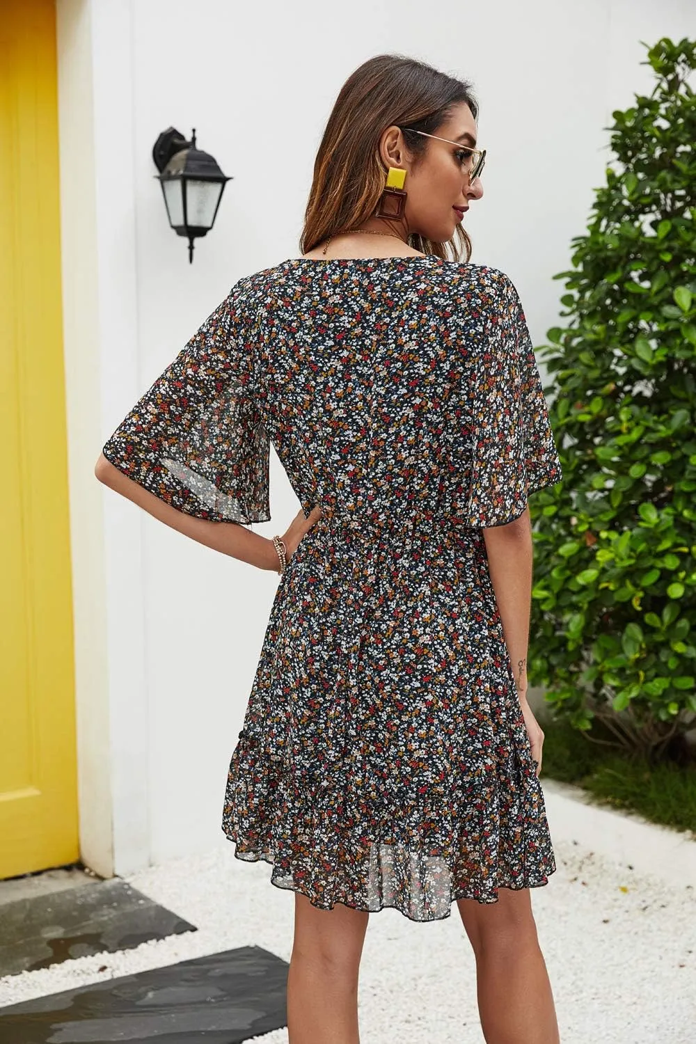 Manydress Women's Chiffon Floral Print V Neck Casual Mini Boho Ruffle Swing Dress MY068