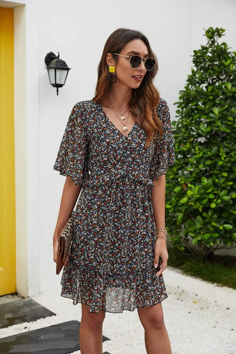 Manydress Women's Chiffon Floral Print V Neck Casual Mini Boho Ruffle Swing Dress MY068