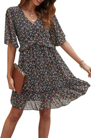 Manydress Women's Chiffon Floral Print V Neck Casual Mini Boho Ruffle Swing Dress MY068