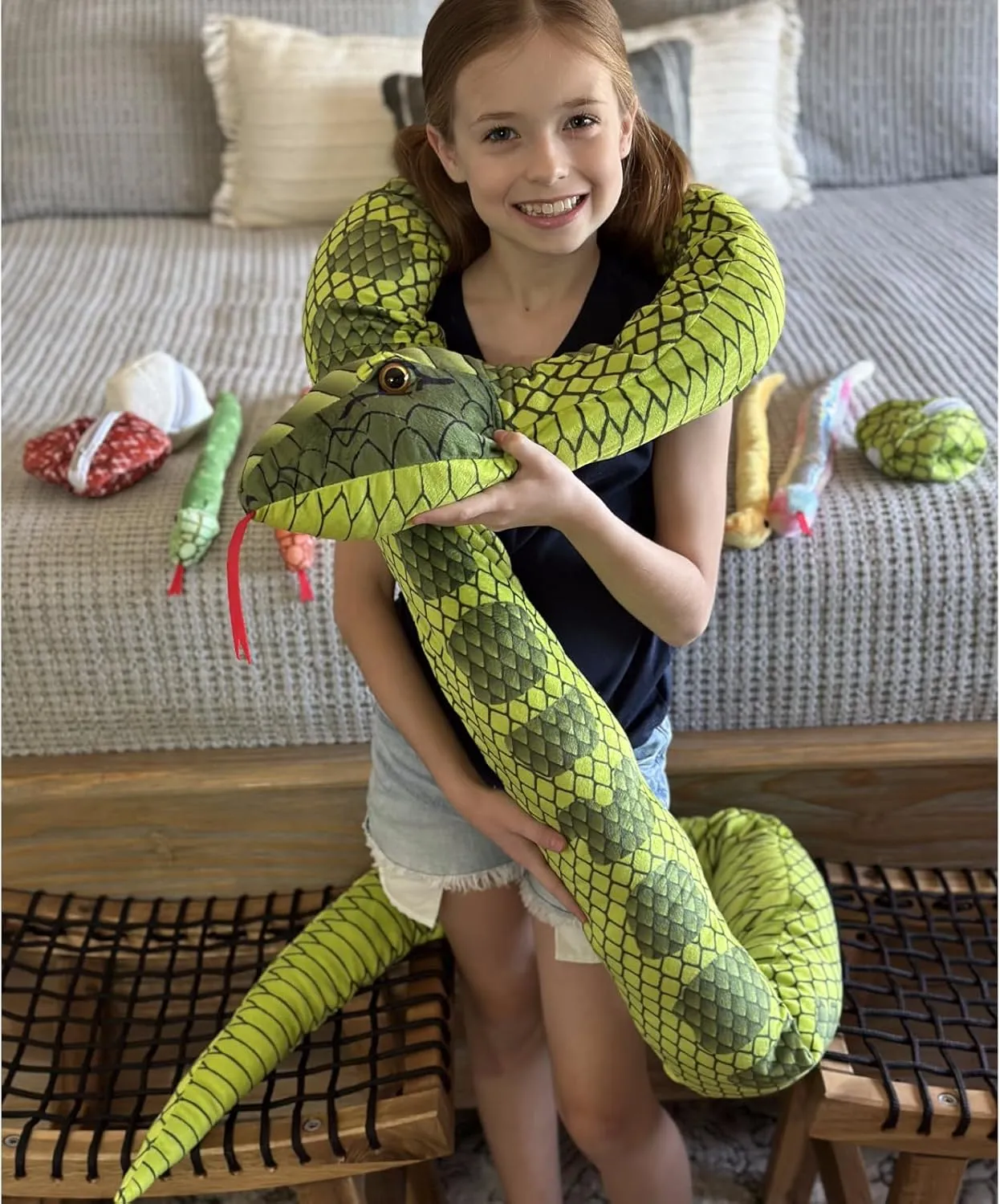 MaoGoLan 118 inch Giant Green Stuffed Snake, Realistic Mommy Snake with 4 Babies & 3 Eggs Plush Toy, Large Green Boa Constrictor Stuffed Animal for Boys Girls Kids Christmas Easter Gift