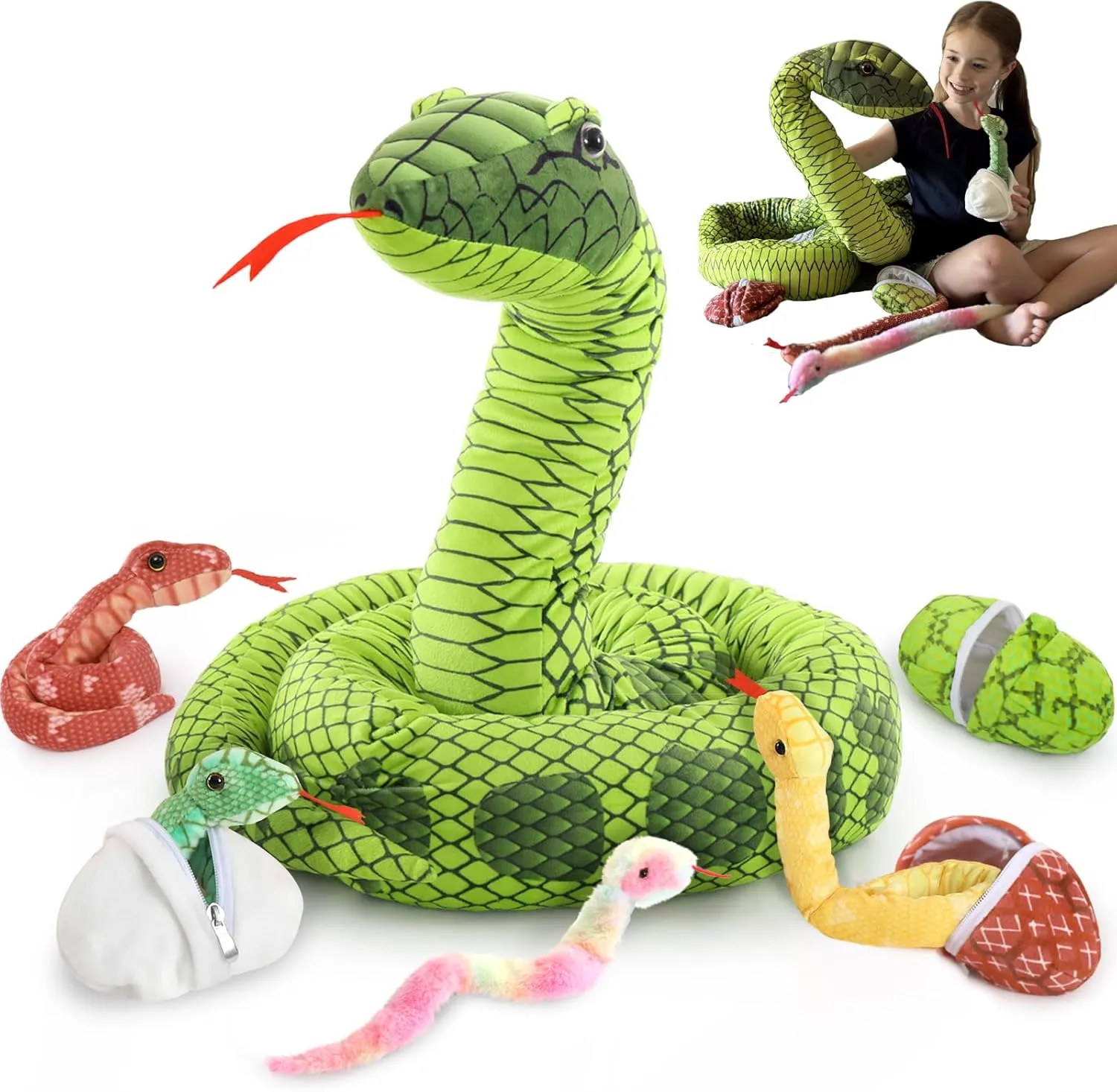 MaoGoLan 118 inch Giant Green Stuffed Snake, Realistic Mommy Snake with 4 Babies & 3 Eggs Plush Toy, Large Green Boa Constrictor Stuffed Animal for Boys Girls Kids Christmas Easter Gift