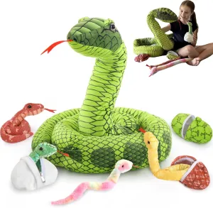 MaoGoLan 118 inch Giant Green Stuffed Snake, Realistic Mommy Snake with 4 Babies & 3 Eggs Plush Toy, Large Green Boa Constrictor Stuffed Animal for Boys Girls Kids Christmas Easter Gift