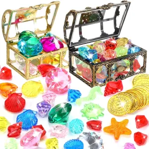 MARFOREVER 70 Pieces Diving Gem Pool Toys Colorful Summer Swimming Diamonds Acrylic Gemstones with 2 Treasure Pirate Boxes for Water Parties Games Birthday Wedding Decoration Gems Underwater Toy