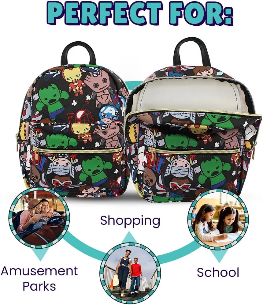Marvel Kawaii Avengers Mini PU Leather Backpack Purse with Adjustable Straps 10 In (Black, One Size)