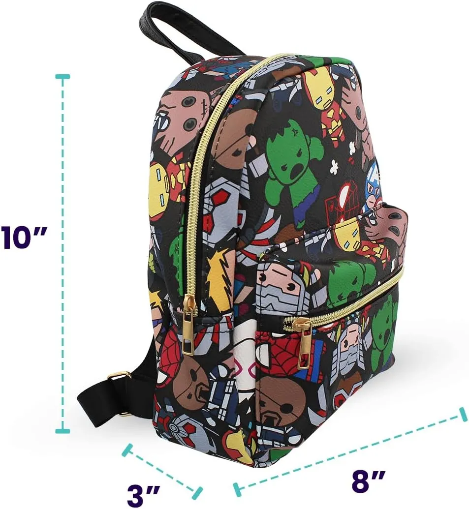 Marvel Kawaii Avengers Mini PU Leather Backpack Purse with Adjustable Straps 10 In (Black, One Size)