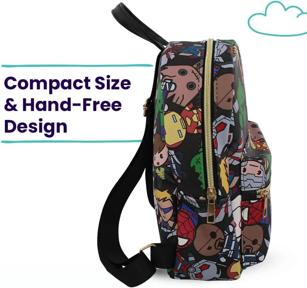 Marvel Kawaii Avengers Mini PU Leather Backpack Purse with Adjustable Straps 10 In (Black, One Size)