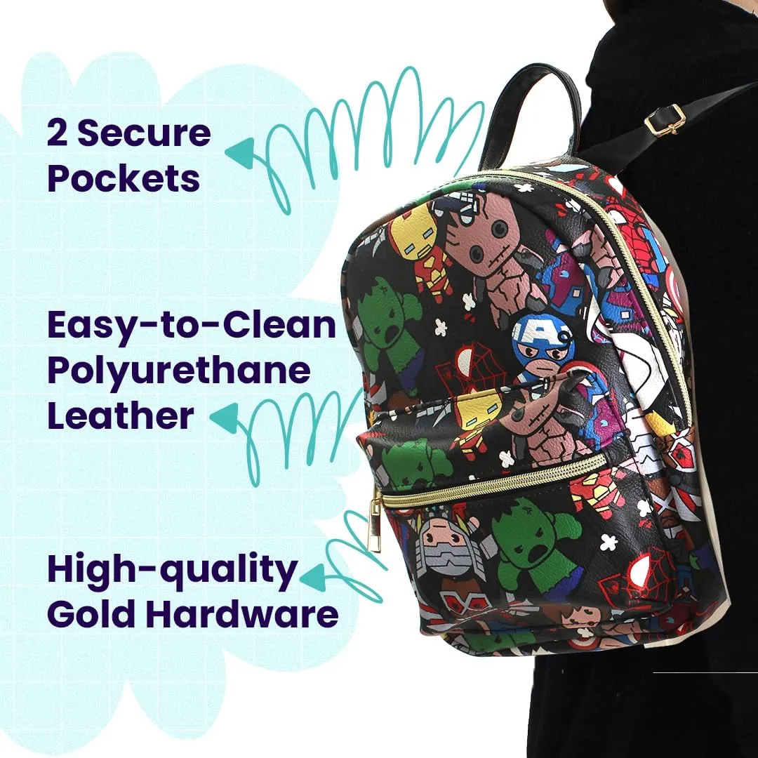 Marvel Kawaii Avengers Mini PU Leather Backpack Purse with Adjustable Straps 10 In (Black, One Size)