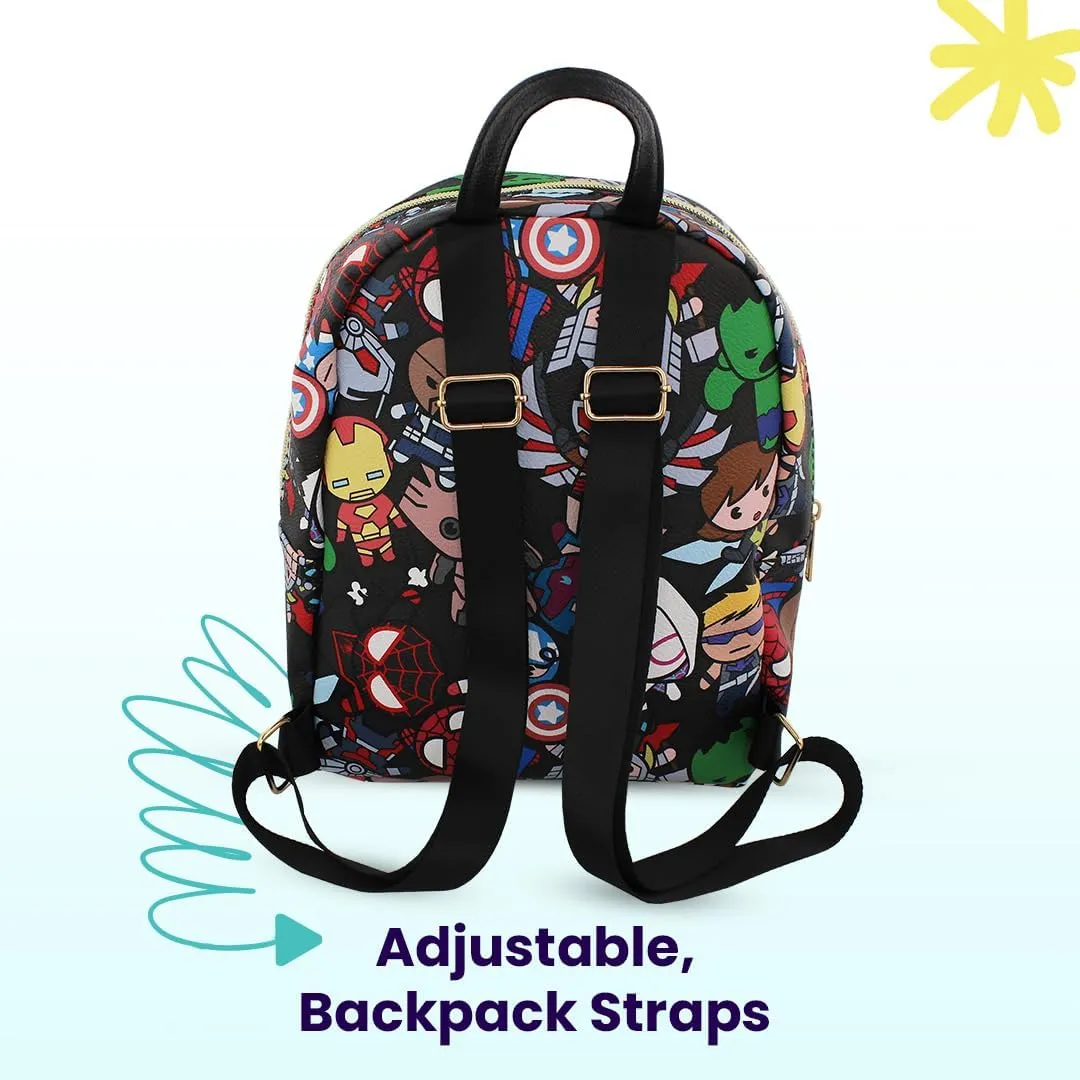 Marvel Kawaii Avengers Mini PU Leather Backpack Purse with Adjustable Straps 10 In (Black, One Size)