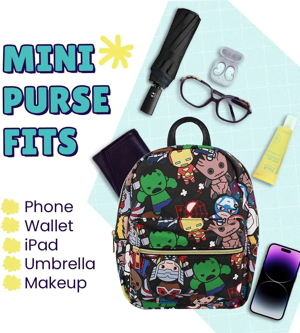 Marvel Kawaii Avengers Mini PU Leather Backpack Purse with Adjustable Straps 10 In (Black, One Size)