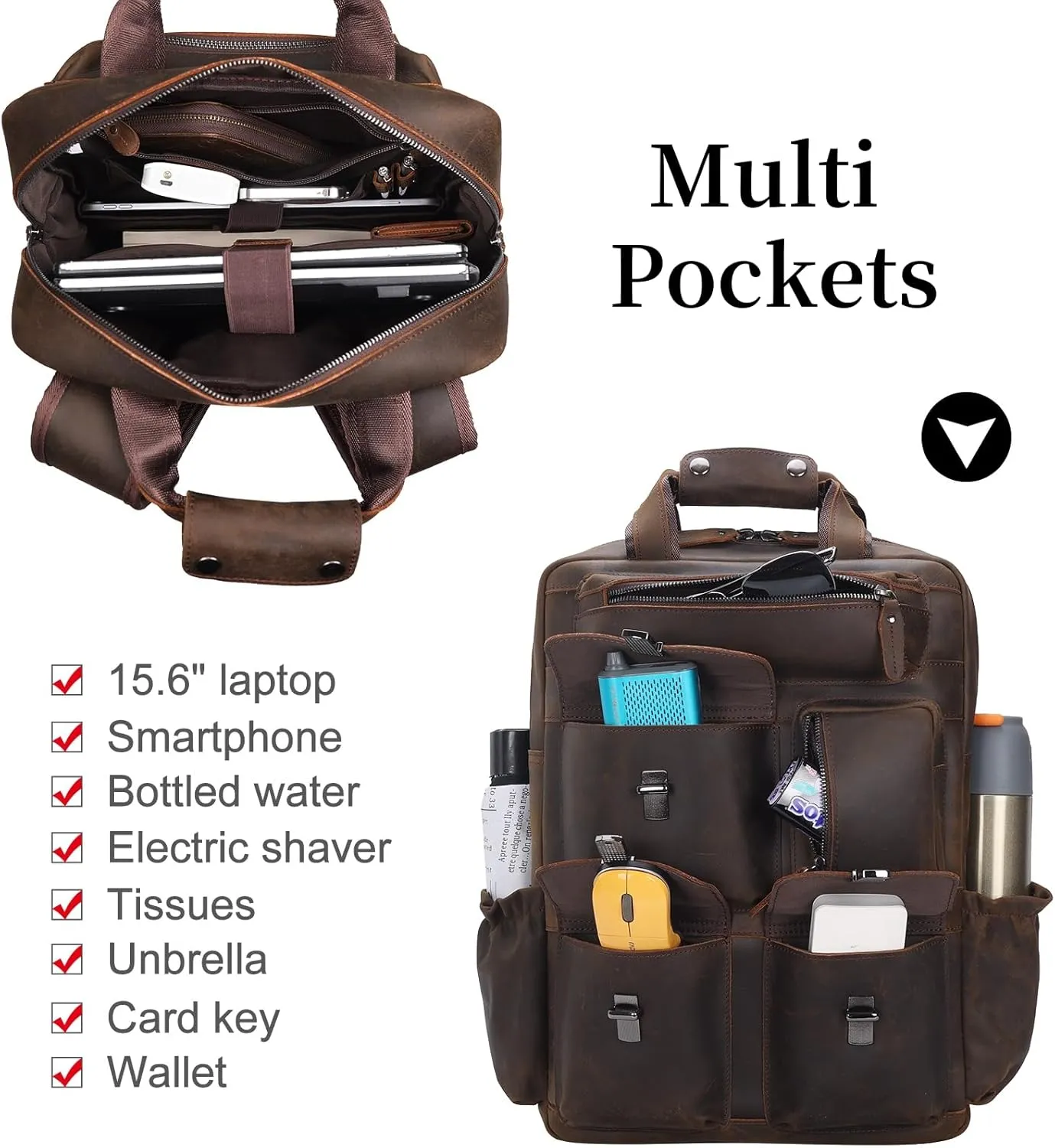Masa Kawa Leather Backpack for Men Vintage 15.6 Inch Laptop Bag Multi Pockets Casual Work Travel Camping Daypack (deep brown)