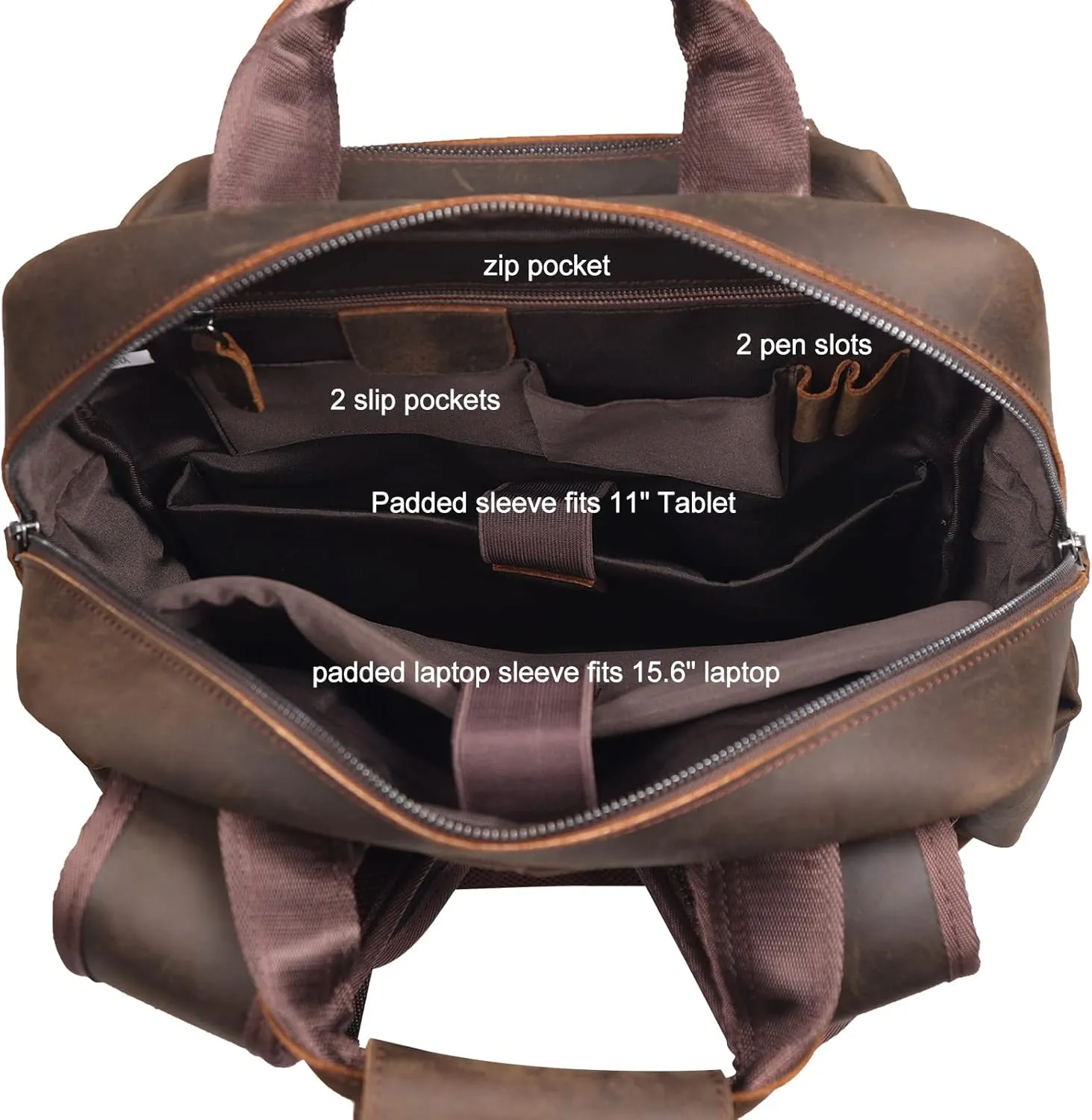 Masa Kawa Leather Backpack for Men Vintage 15.6 Inch Laptop Bag Multi Pockets Casual Work Travel Camping Daypack (deep brown)