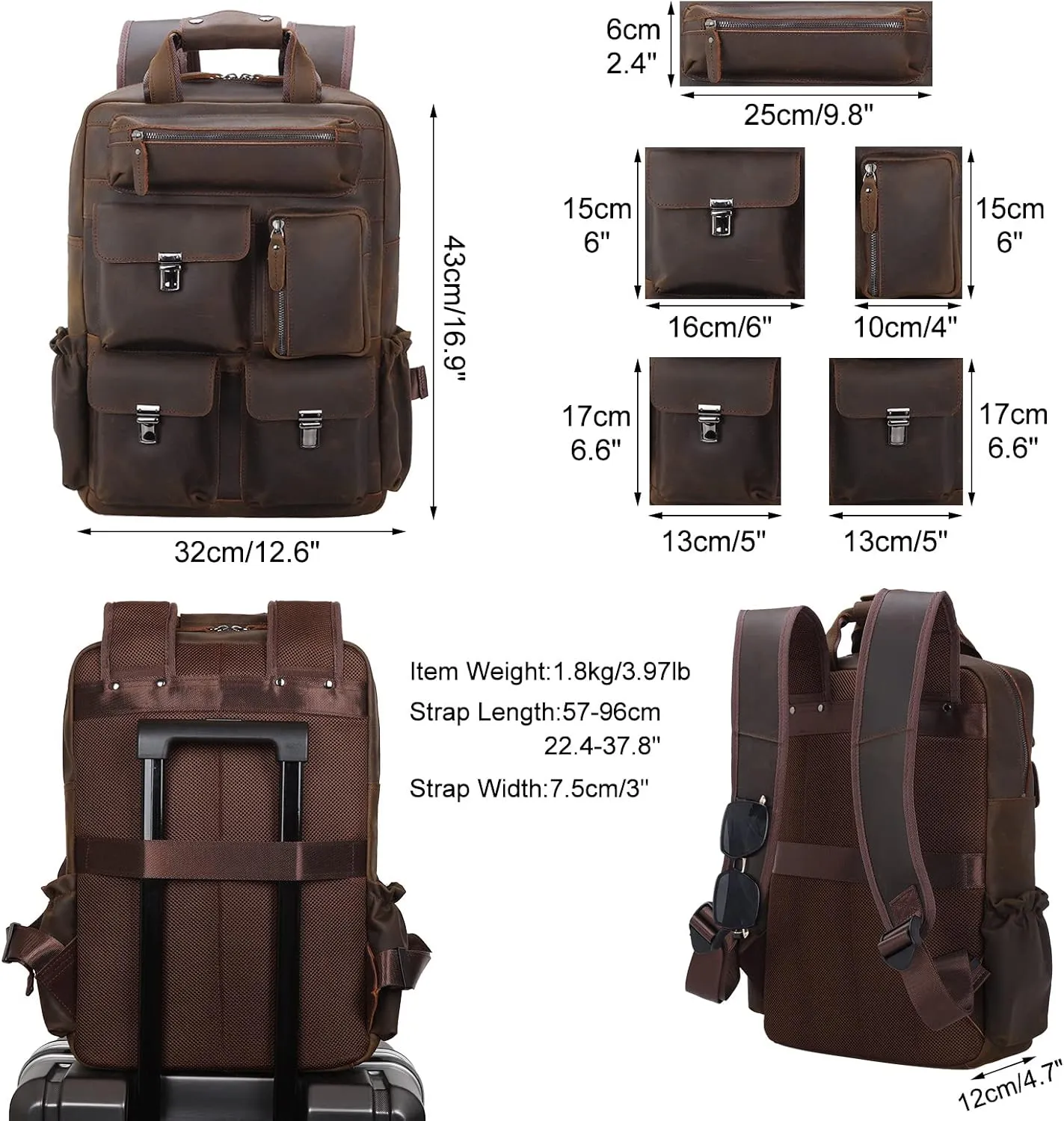 Masa Kawa Leather Backpack for Men Vintage 15.6 Inch Laptop Bag Multi Pockets Casual Work Travel Camping Daypack (deep brown)