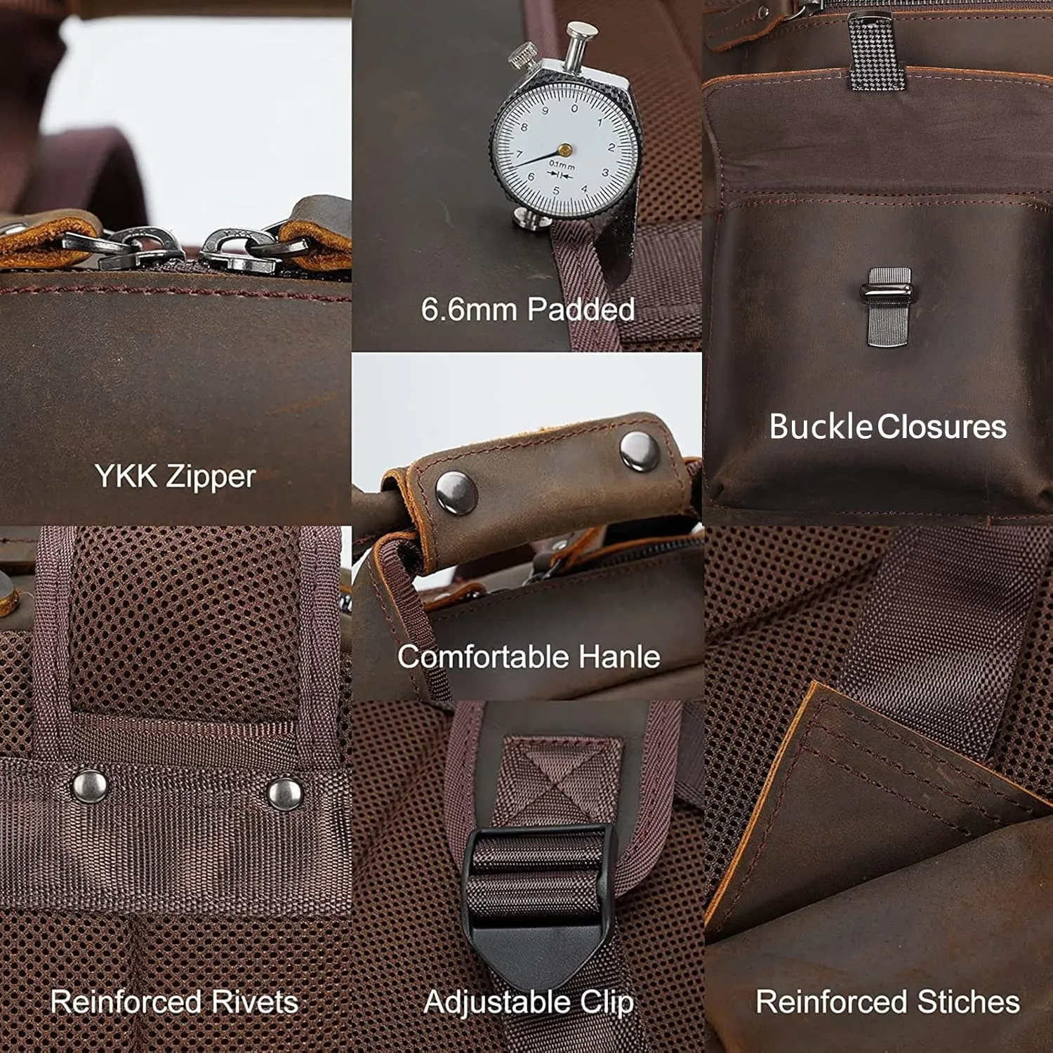 Masa Kawa Leather Backpack for Men Vintage 15.6 Inch Laptop Bag Multi Pockets Casual Work Travel Camping Daypack (deep brown)