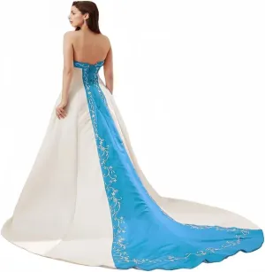 Mauuwy Women's Embroidered Satin Wedding Dresses for Bride Vintage A Line Strapless Corset Back Bridal Gowns with Train