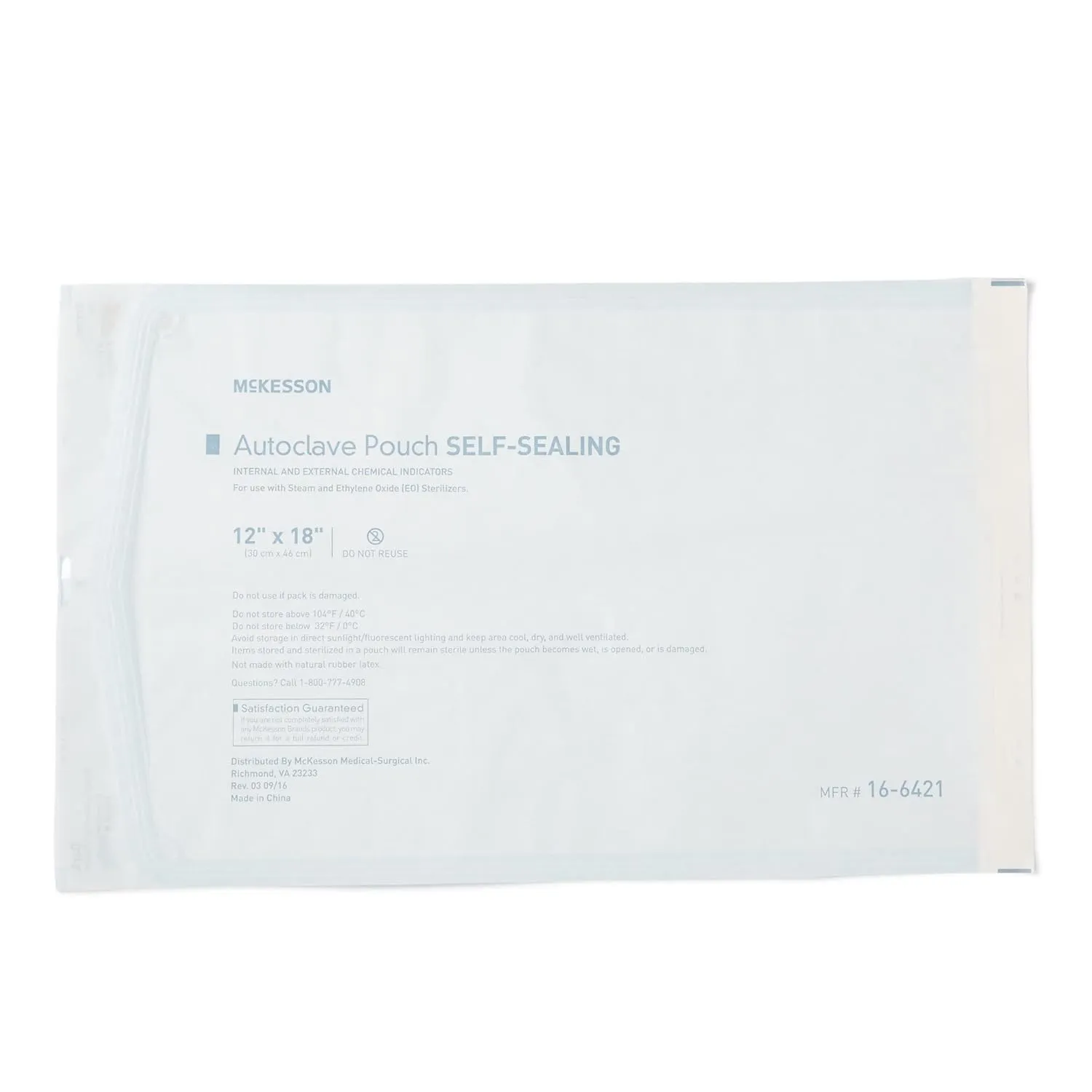 McKesson Sterilization Pouches for Steam or EO Gas, Self-Sealing Autoclave Sterilizer Bags, 12 in x 18 in, 200 Count, 1 Pack