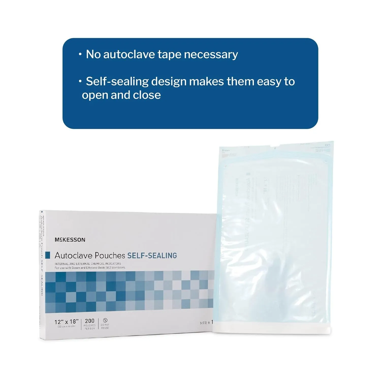 McKesson Sterilization Pouches for Steam or EO Gas, Self-Sealing Autoclave Sterilizer Bags, 12 in x 18 in, 200 Count, 1 Pack