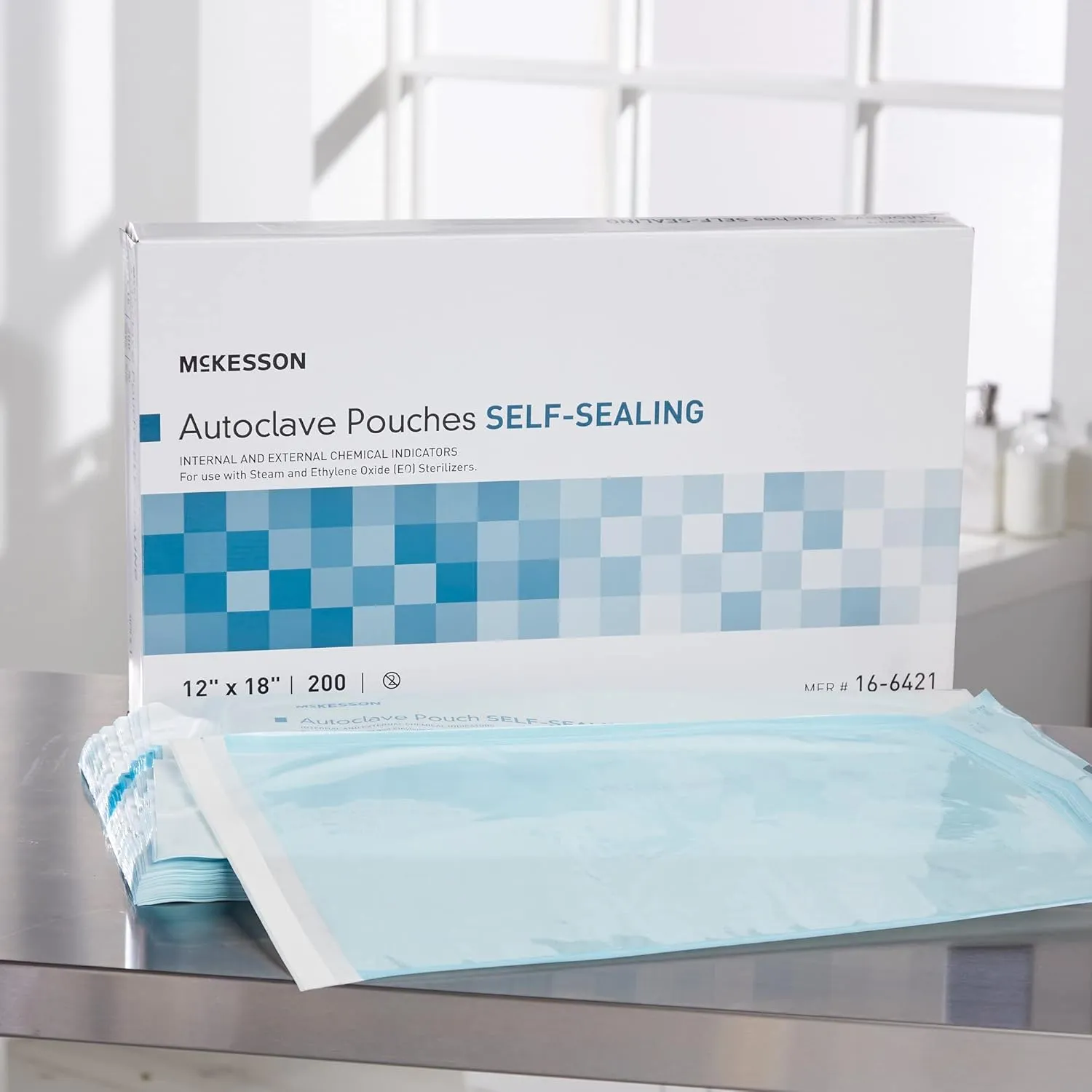 McKesson Sterilization Pouches for Steam or EO Gas, Self-Sealing Autoclave Sterilizer Bags, 12 in x 18 in, 200 Count, 1 Pack