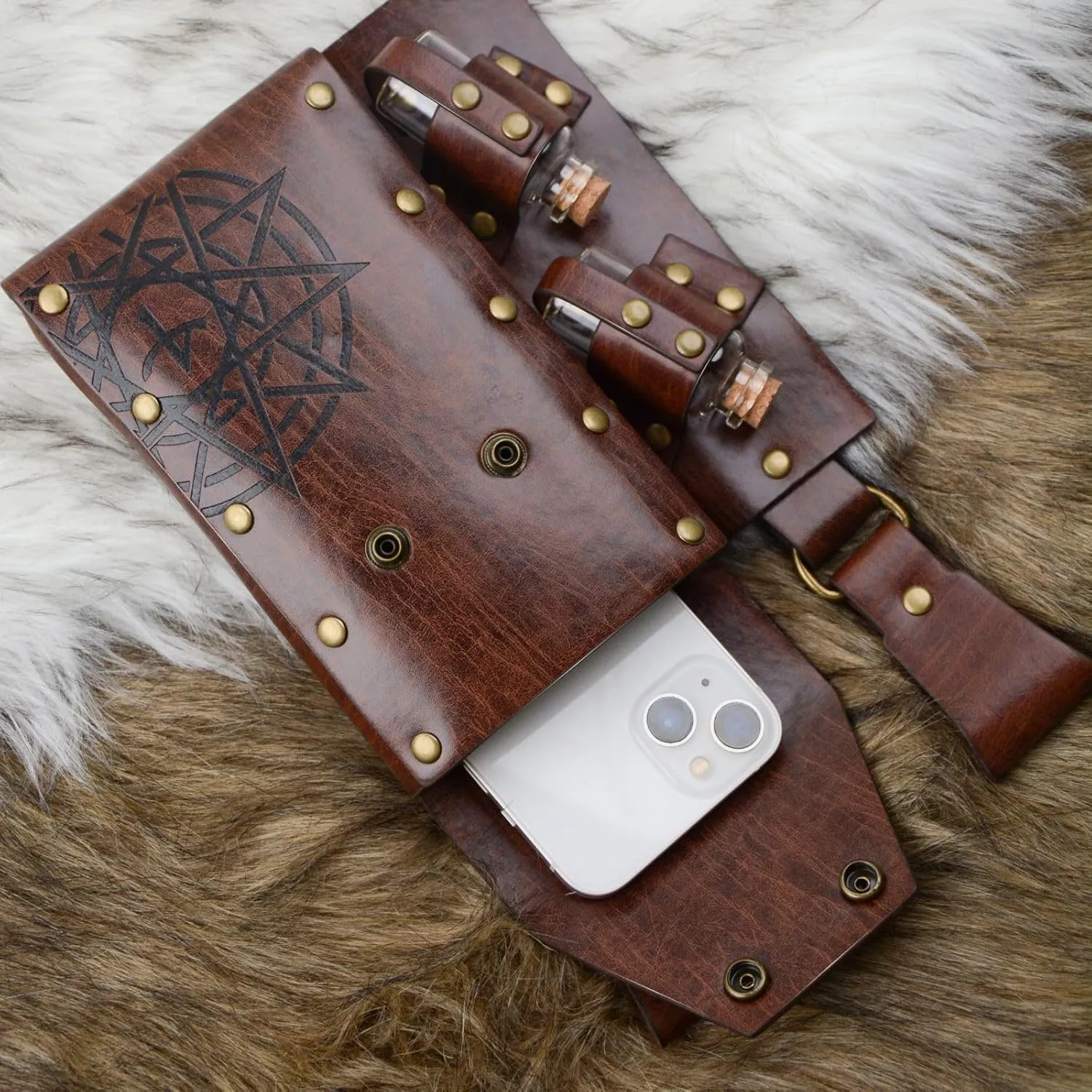 Medieval Alchemy Faux Leather Belt Bag with, Fantasy Wizard Renaissance Waist Pouches for Halloween Cosplay Costume