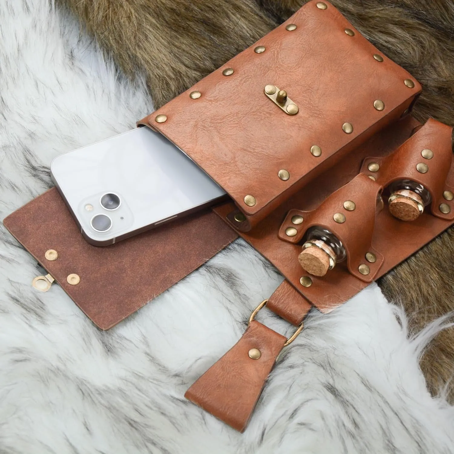 Medieval Alchemy Faux Leather Belt Bag with, Fantasy Wizard Renaissance Waist Pouches for Halloween Cosplay Costume