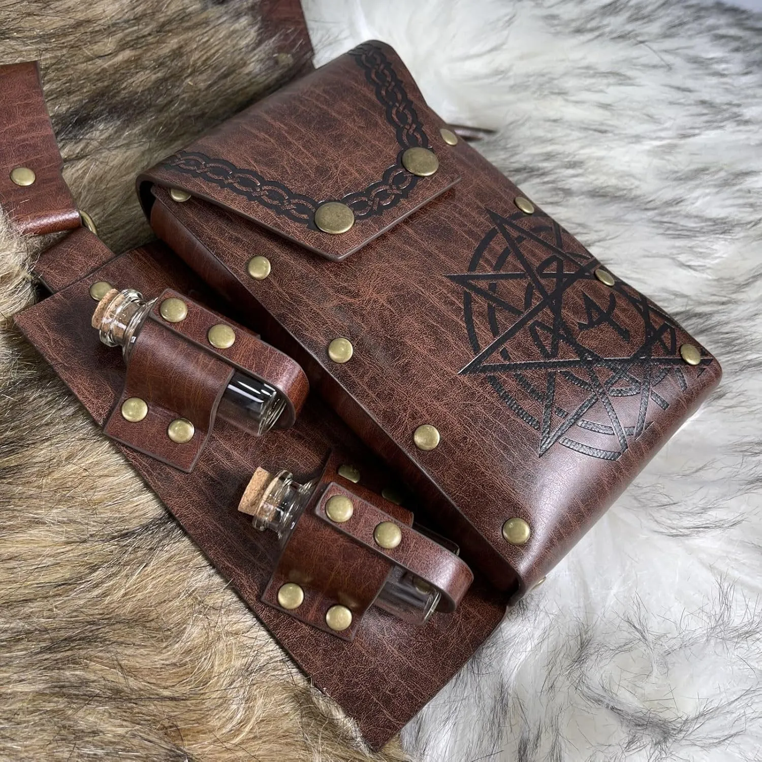 Medieval Alchemy Faux Leather Belt Bag with, Fantasy Wizard Renaissance Waist Pouches for Halloween Cosplay Costume