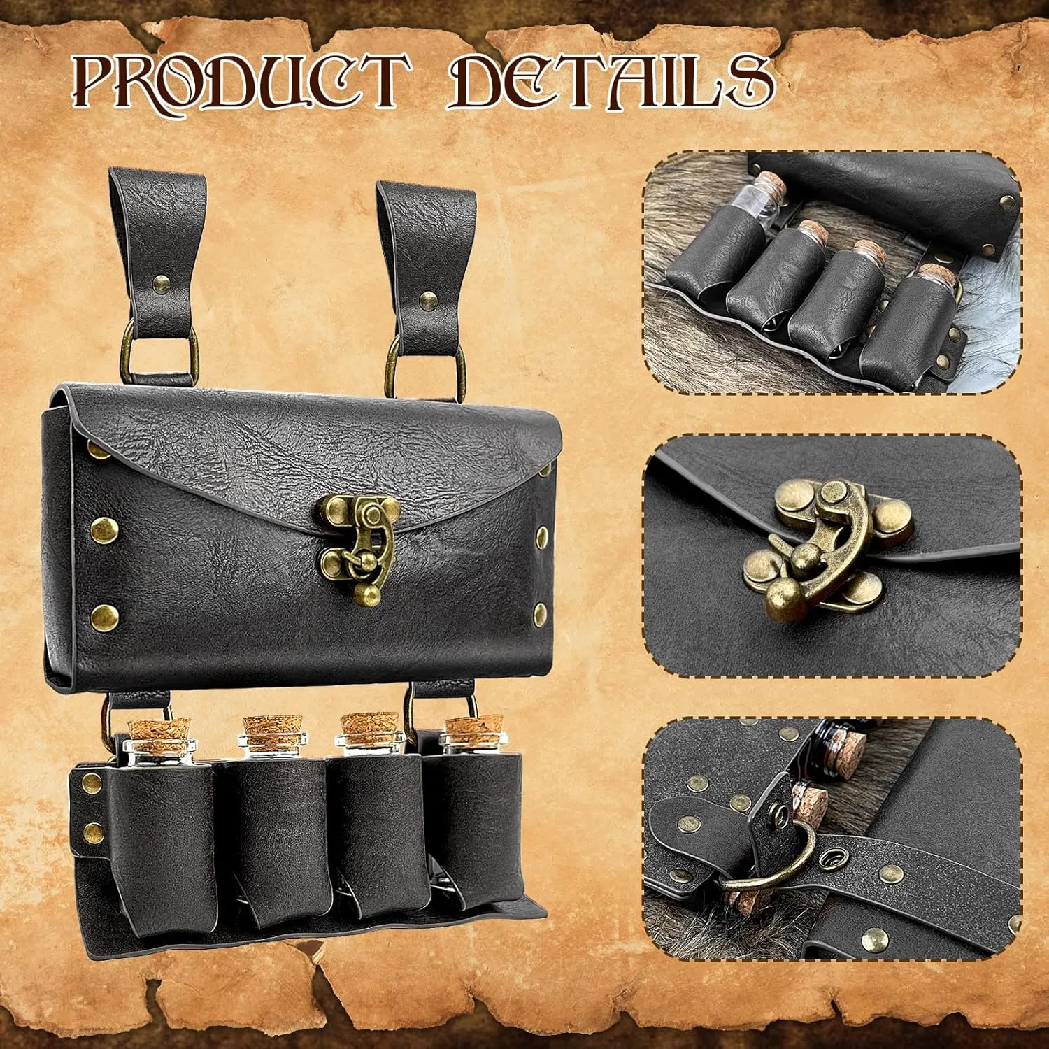 Medieval Alchemy Faux Leather Belt Bag with, Fantasy Wizard Renaissance Waist Pouches for Halloween Cosplay Costume