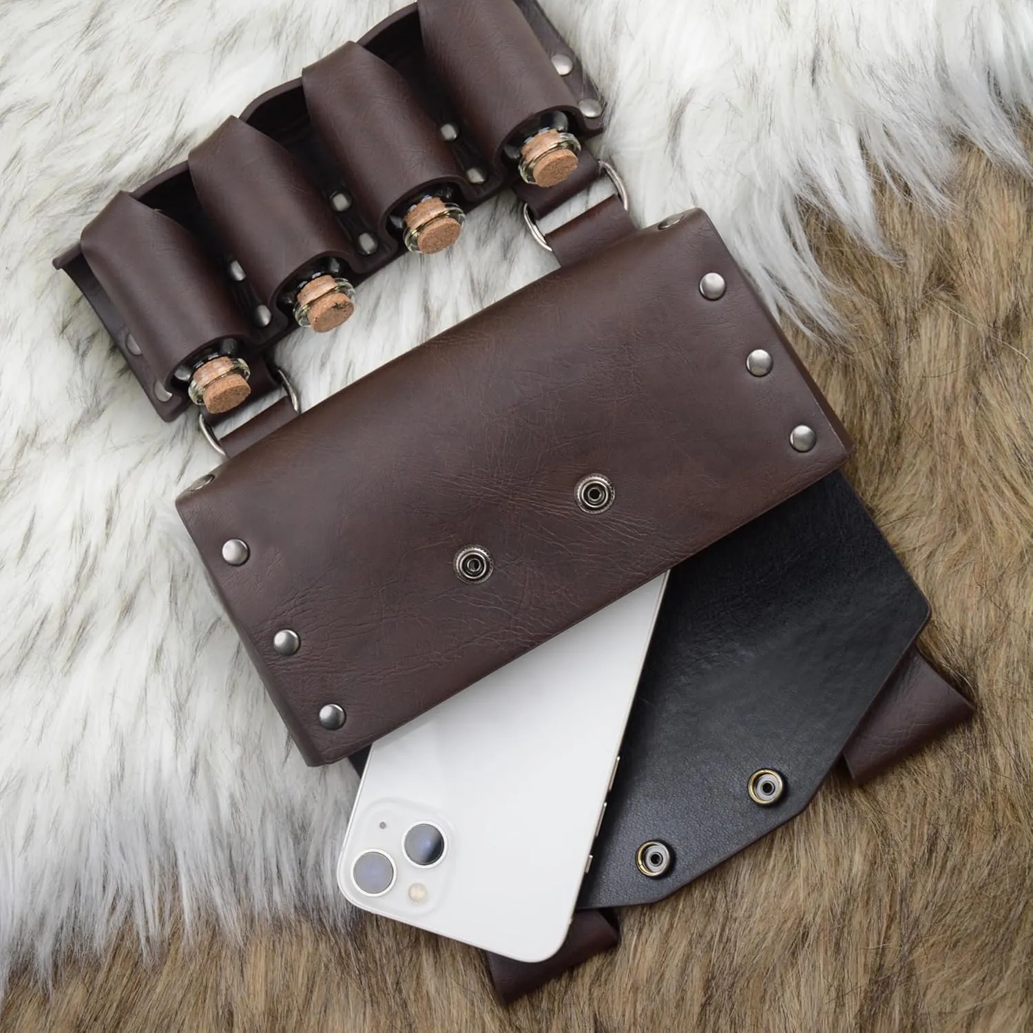 Medieval Alchemy Faux Leather Belt Bag with, Fantasy Wizard Renaissance Waist Pouches for Halloween Cosplay Costume