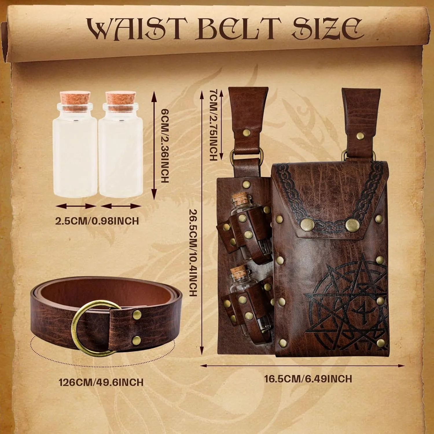 Medieval Alchemy Faux Leather Belt Bag with, Fantasy Wizard Renaissance Waist Pouches for Halloween Cosplay Costume
