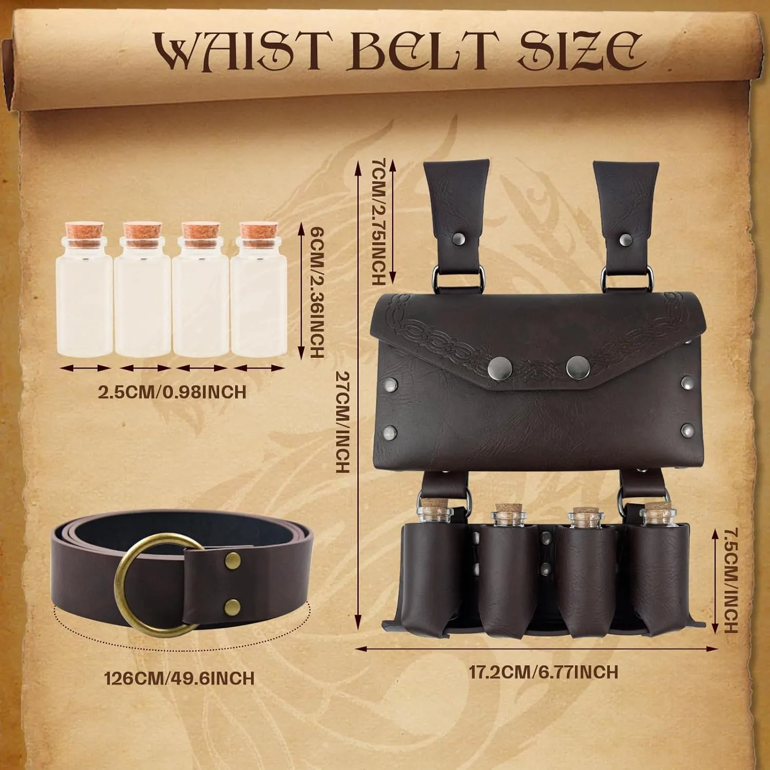 Medieval Alchemy Faux Leather Belt Bag with, Fantasy Wizard Renaissance Waist Pouches for Halloween Cosplay Costume