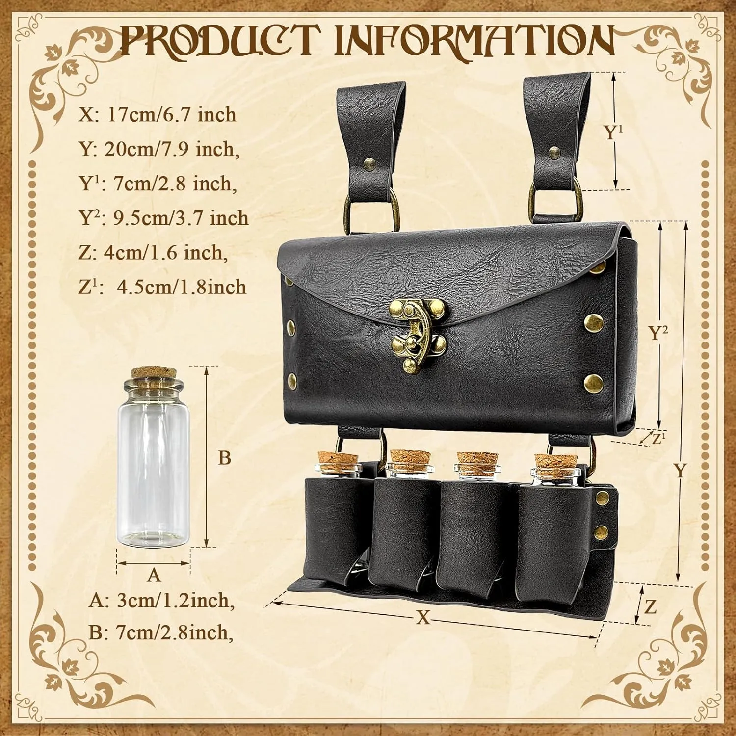 Medieval Alchemy Faux Leather Belt Bag with, Fantasy Wizard Renaissance Waist Pouches for Halloween Cosplay Costume