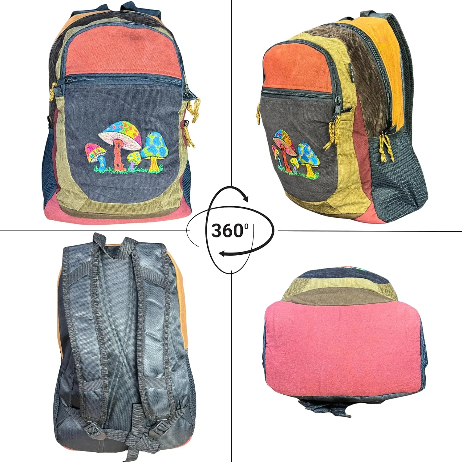 Medium Patchwork Corduroy Sport Backpack w Mushroom Embroidery & Hidden Pocket – Handmade Backpack Festival Bag