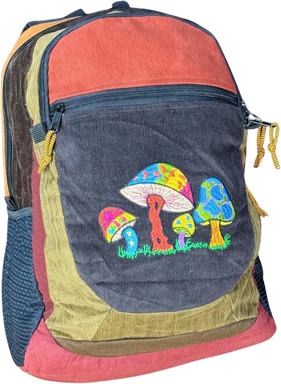 Medium Patchwork Corduroy Sport Backpack w Mushroom Embroidery & Hidden Pocket – Handmade Backpack Festival Bag