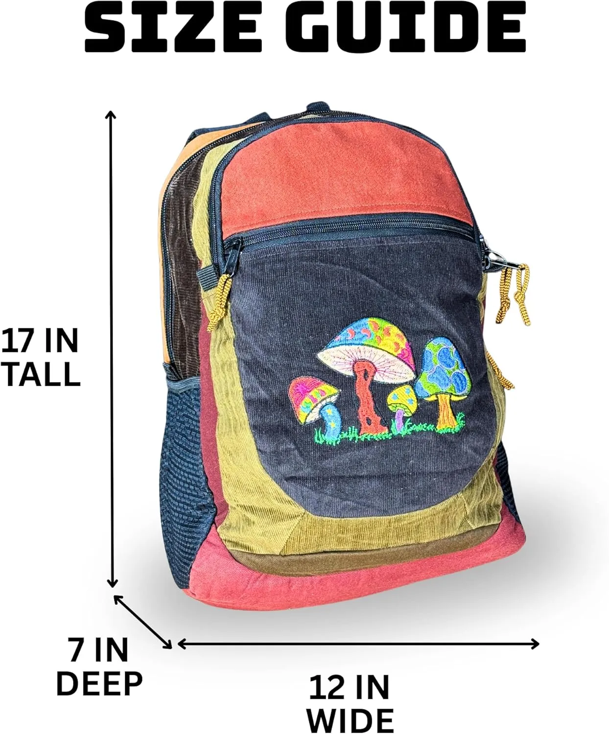 Medium Patchwork Corduroy Sport Backpack w Mushroom Embroidery & Hidden Pocket – Handmade Backpack Festival Bag