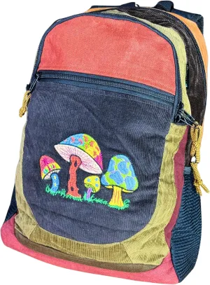 Medium Patchwork Corduroy Sport Backpack w Mushroom Embroidery & Hidden Pocket – Handmade Backpack Festival Bag