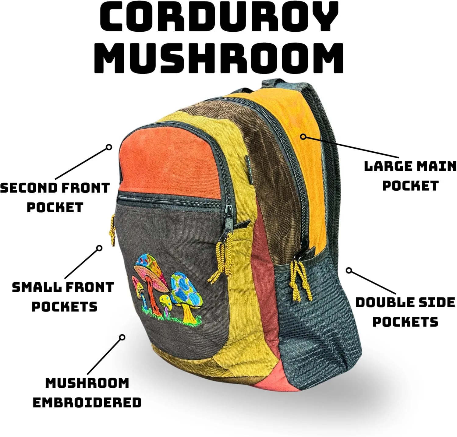 Medium Patchwork Corduroy Sport Backpack w Mushroom Embroidery & Hidden Pocket – Handmade Backpack Festival Bag