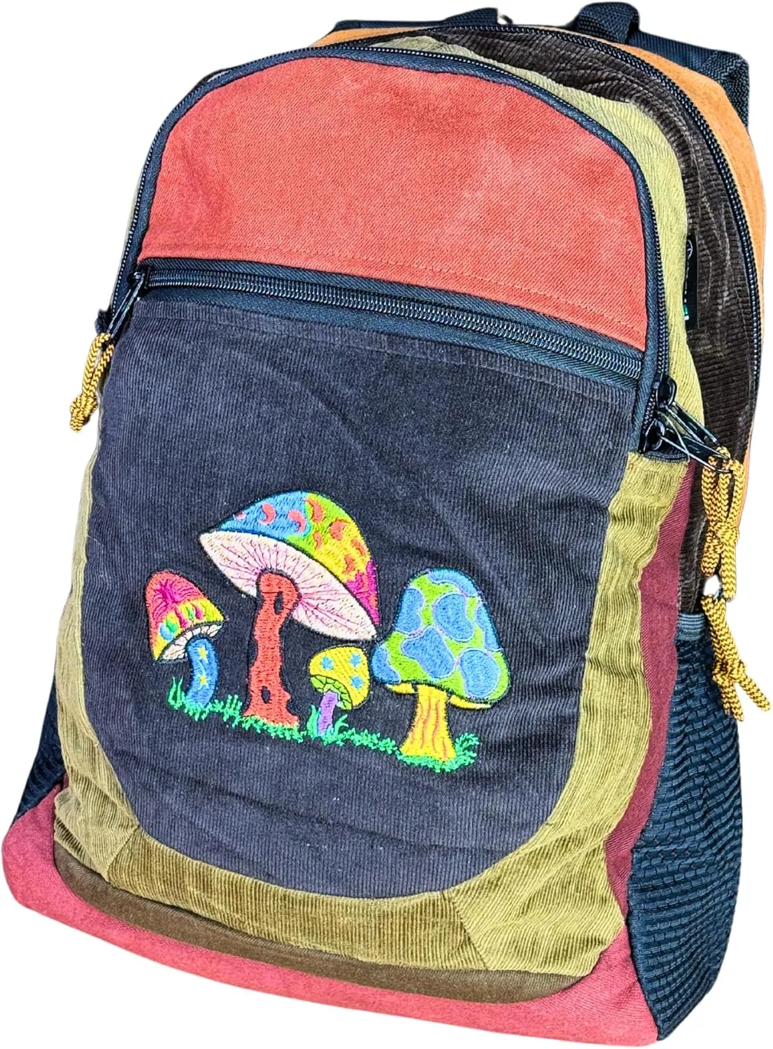Medium Patchwork Corduroy Sport Backpack w Mushroom Embroidery & Hidden Pocket – Handmade Backpack Festival Bag