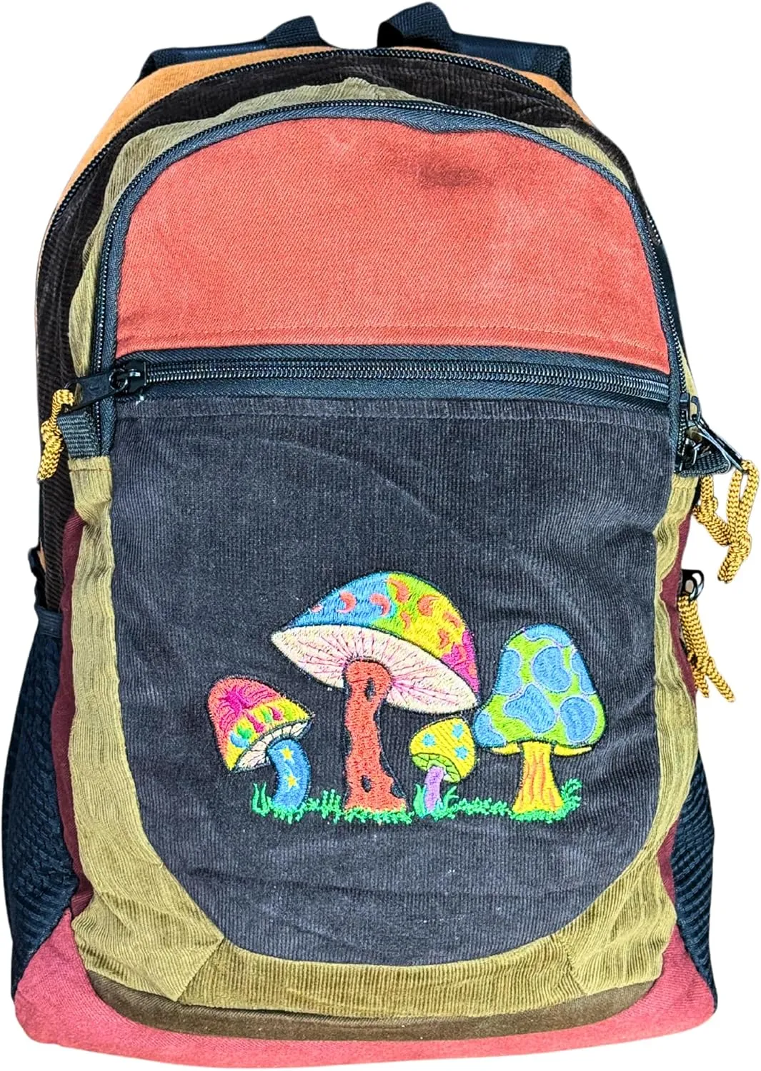 Medium Patchwork Corduroy Sport Backpack w Mushroom Embroidery & Hidden Pocket – Handmade Backpack Festival Bag