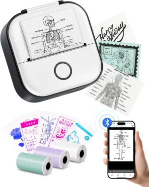 Memoking Mini Printer - Sticker Printer T02 Portable Thermal Inkless Sticker Maker Machine, Bluetooth Pocket Labeler for Study Graphics, Anatomical Diagrams, Photos, Receipts, Black