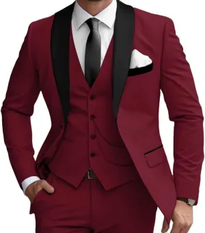 Mens 3 Pieces Classic Suit Black Satin Collar Wedding Blazer Grooms Jackets Vests Pants Suits