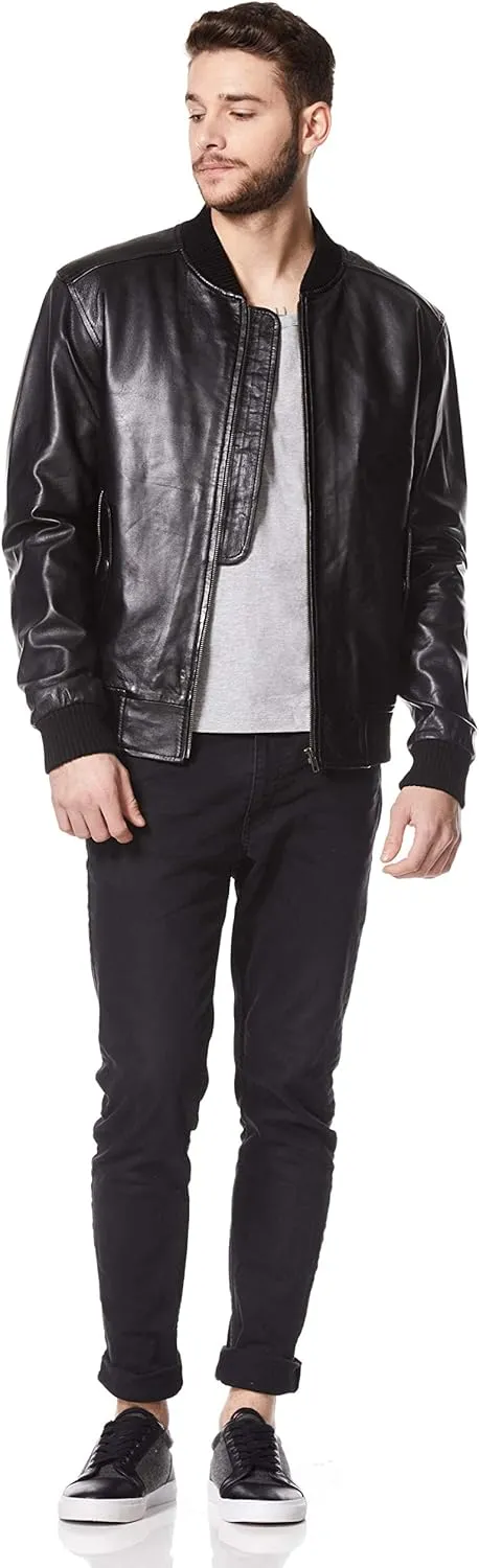 Men's 70's Bomber Leather Jacket Black Retro Style Soft Lambskin Leather 1229