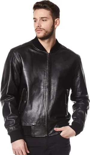 Men's 70's Bomber Leather Jacket Black Retro Style Soft Lambskin Leather 1229